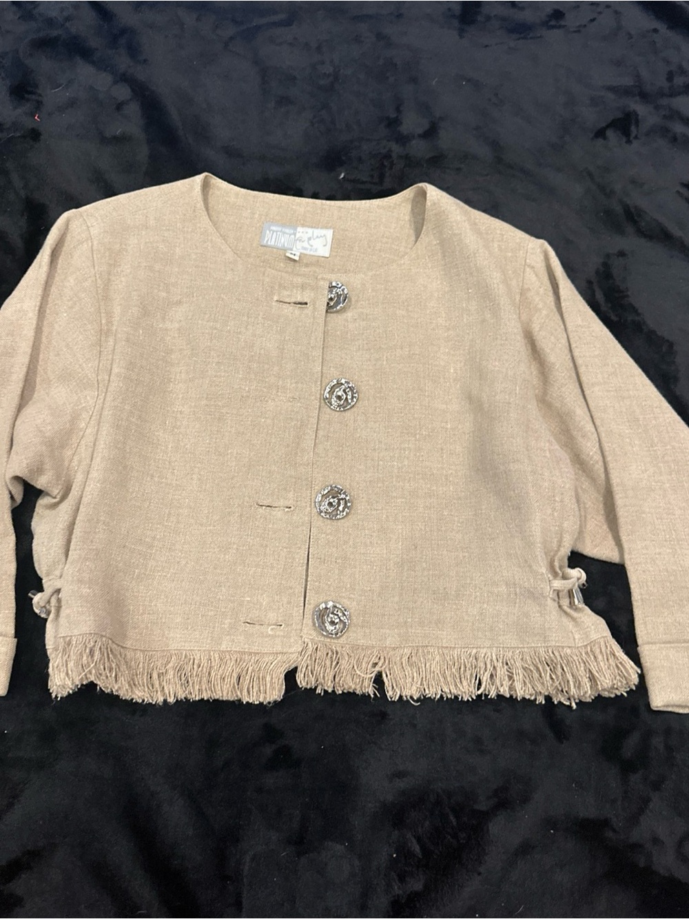 Platinum by Dorothy Schoelen crop top 100% Linen with fringe bottom.